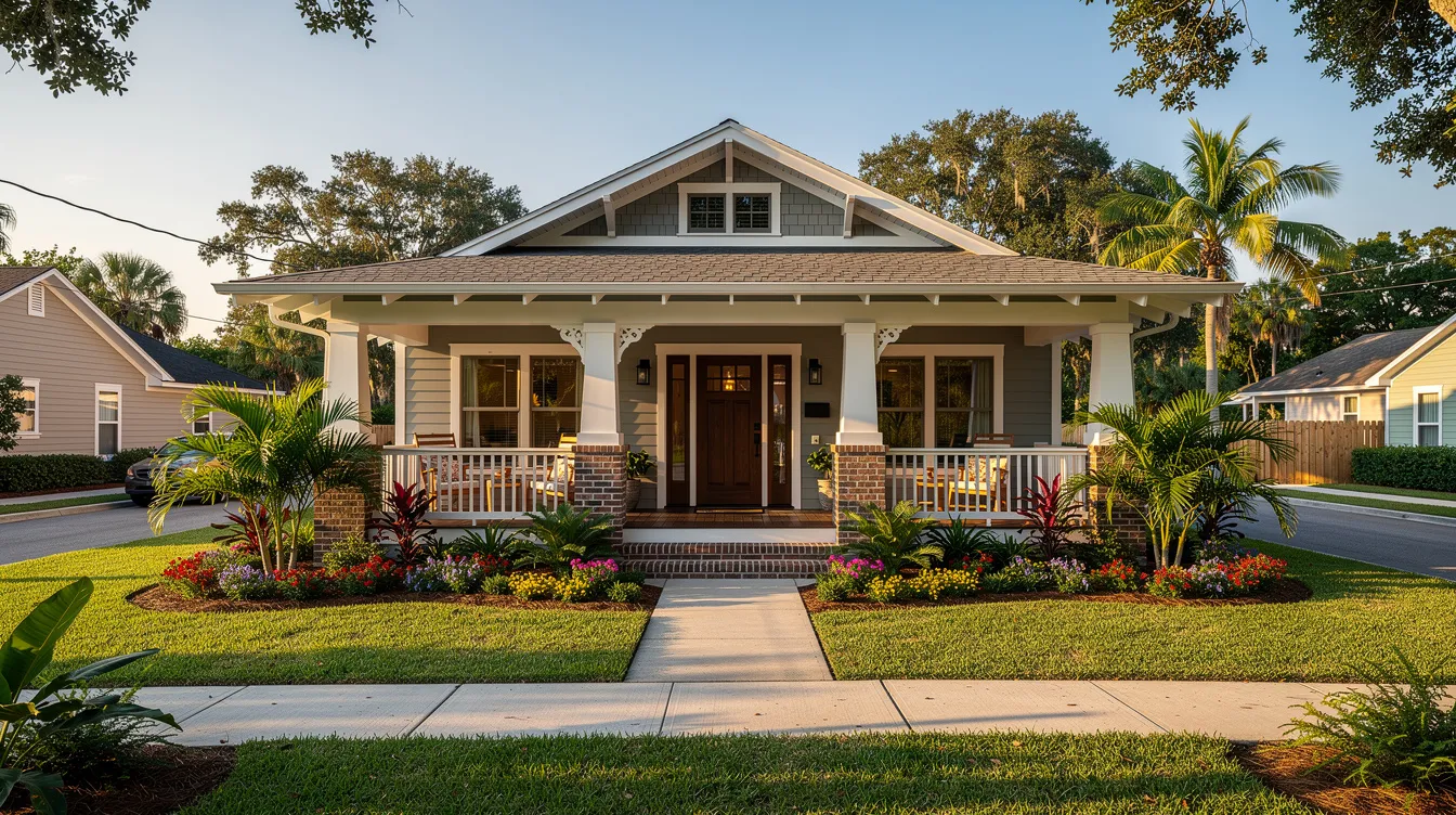 The image depicts a beautifully renovated craftsman-style bungalow in a Tampa neighborhood, featuring fresh landscaping and a welcoming new front porch. This property presents an attractive opportunity for real estate investors looking for investment properties in the area, potentially utilizing hard money loans for financing.