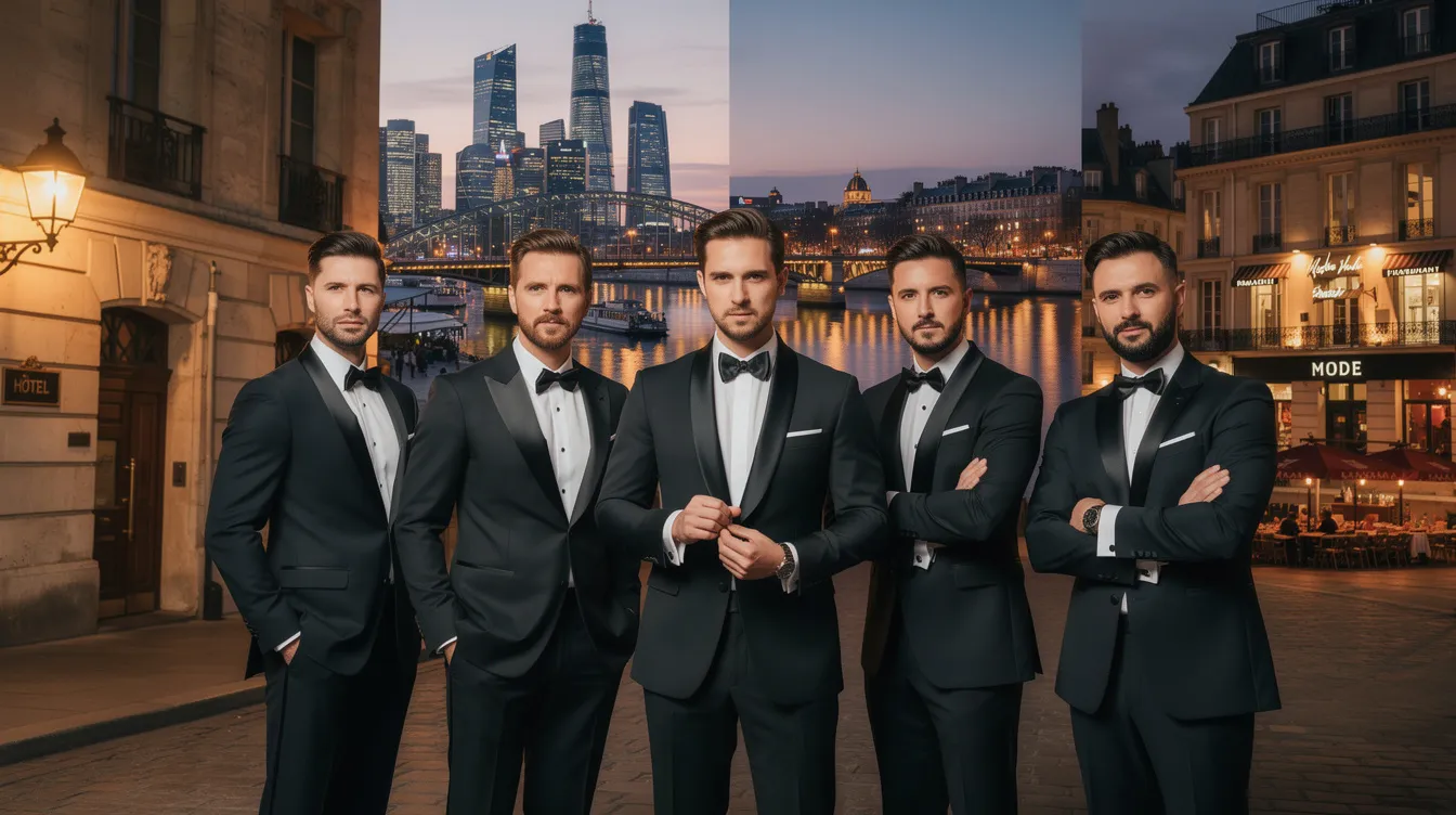 Eine Gruppe von Männern in eleganten Smoking-Anzügen steht selbstbewusst nebeneinander vor verschiedenen internationalen Kulissen, wobei jeder eine leicht unterschiedliche Pose einnimmt, die an die Eleganz und den Stil der James Bond Filme erinnert. Diese Szene strahlt einen Hauch von Abenteuer und Glamour aus, typisch für die Bond Reihe.