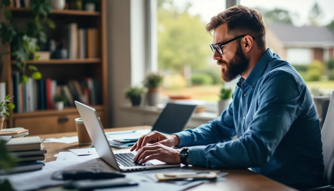 A small business owner sits at a desk, intently researching various home refinancing options and home equity loans online, seeking ways to leverage home ownership for business funding. The screen displays information about mortgage lenders, interest rates, min credit score requirements, and the mortgage application process, highlighting the importance of credit scores and loan types to find options with less fees and basic communication.