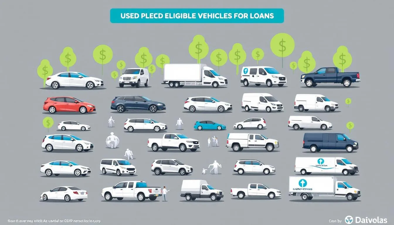 Different types of used vehicles, including cars and commercial vehicles, eligible for loans.