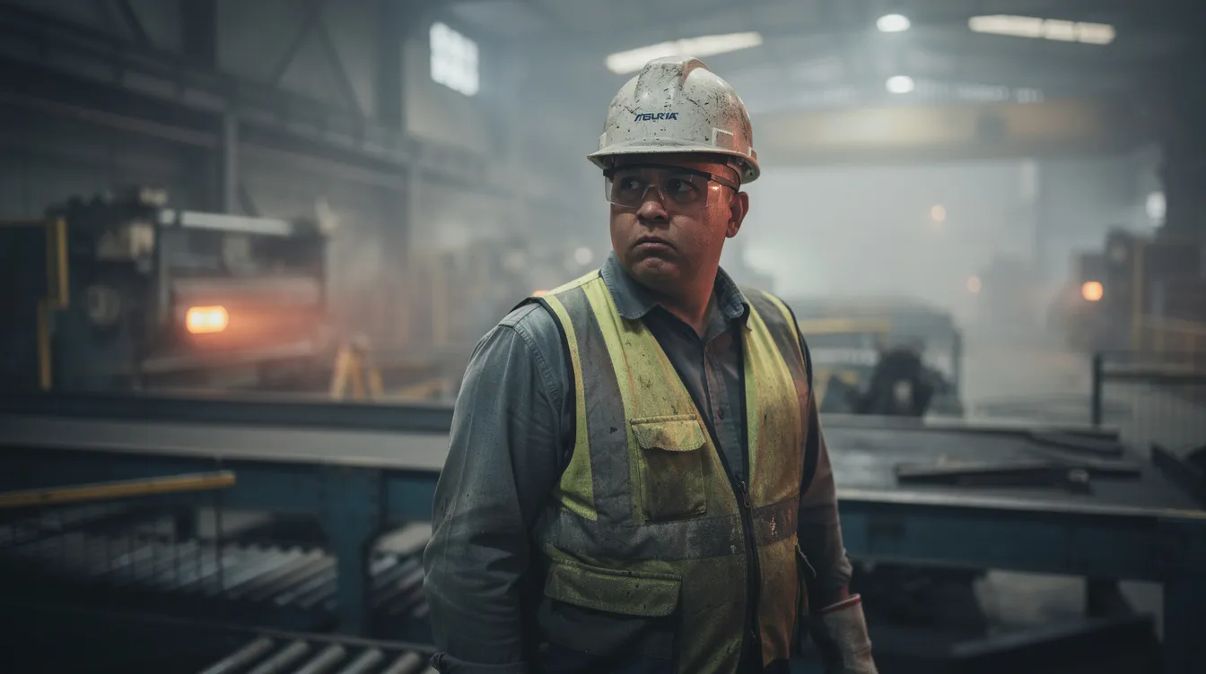 The image shows a worker in an industrial setting with a concerned expression, possibly reflecting on their health or a serious medical condition that may impact their ability to work. This situation could relate to the challenges of navigating disability claims and the application process for social security disability insurance (SSDI) benefits.
