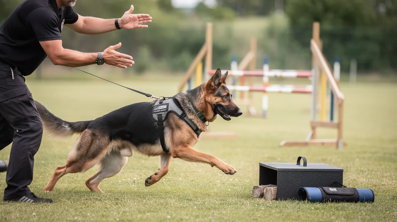 The image depicts a focused German Shepherd dog engaged in an advanced training session with a professional dog trainer, showcasing its intelligence and obedience. The setting emphasizes the importance of specialized skills and training methods, highlighting the bond between the trainer and the loyal dog.