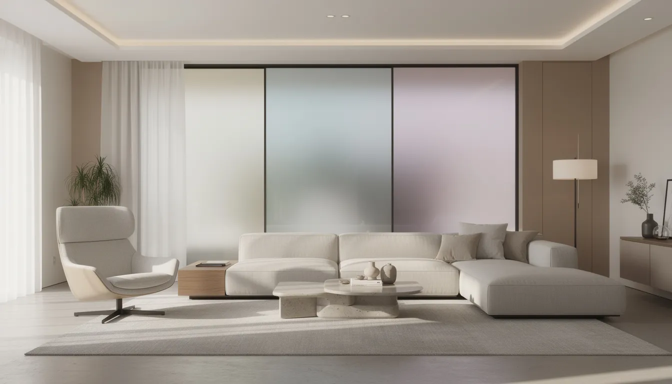 Een moderne woonkamer met design meubels, waarbij een subtiel gekleurde wandpaneel als achterwand fungeert, wat bijdraagt aan de luxueuze uitstraling en het ruimtelijk gevoel van de ruimte. Het heldere glas van het wandpaneel laat lichtinval toe en versterkt de moderne uitstraling van het interieur.