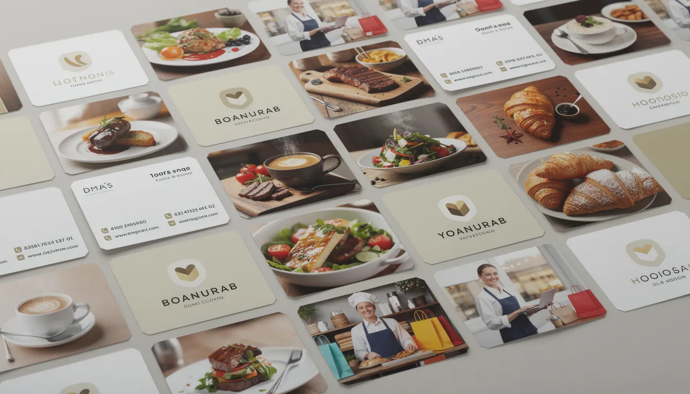 The image showcases a collection of vibrant and creative business card designs tailored for restaurants and retail shops, featuring appetizing food imagery and service-related graphics. Each card is designed to make a lasting impression, utilizing bold colors and unique styles to reflect the brand's personality and attract potential clients.