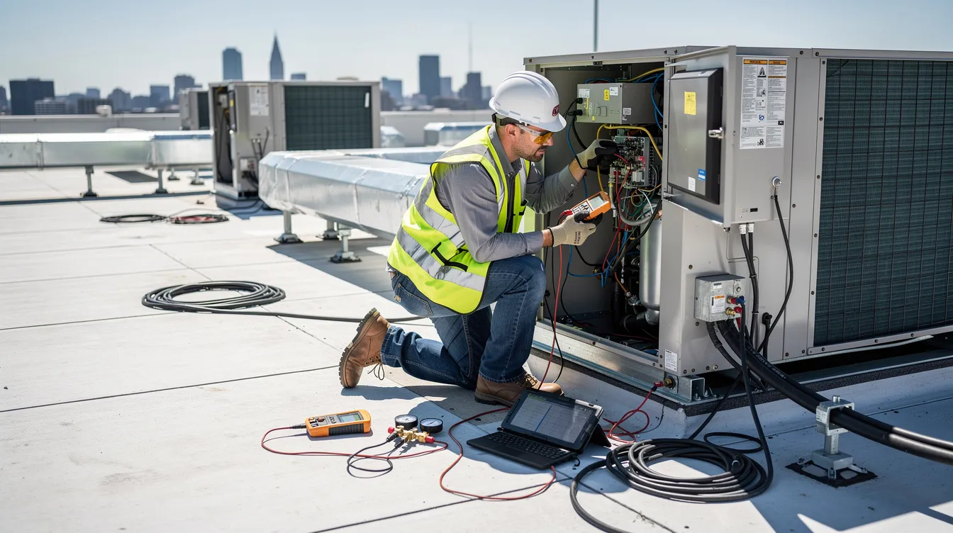 A technician in safety gear is inspecting a commercial rooftop HVAC unit, equipped with tools and diagnostic equipment to perform routine maintenance and identify any potential issues. This inspection is crucial for ensuring the energy efficiency and proper functioning of the rooftop HVAC system, which is essential for maintaining comfortable conditions in commercial buildings.