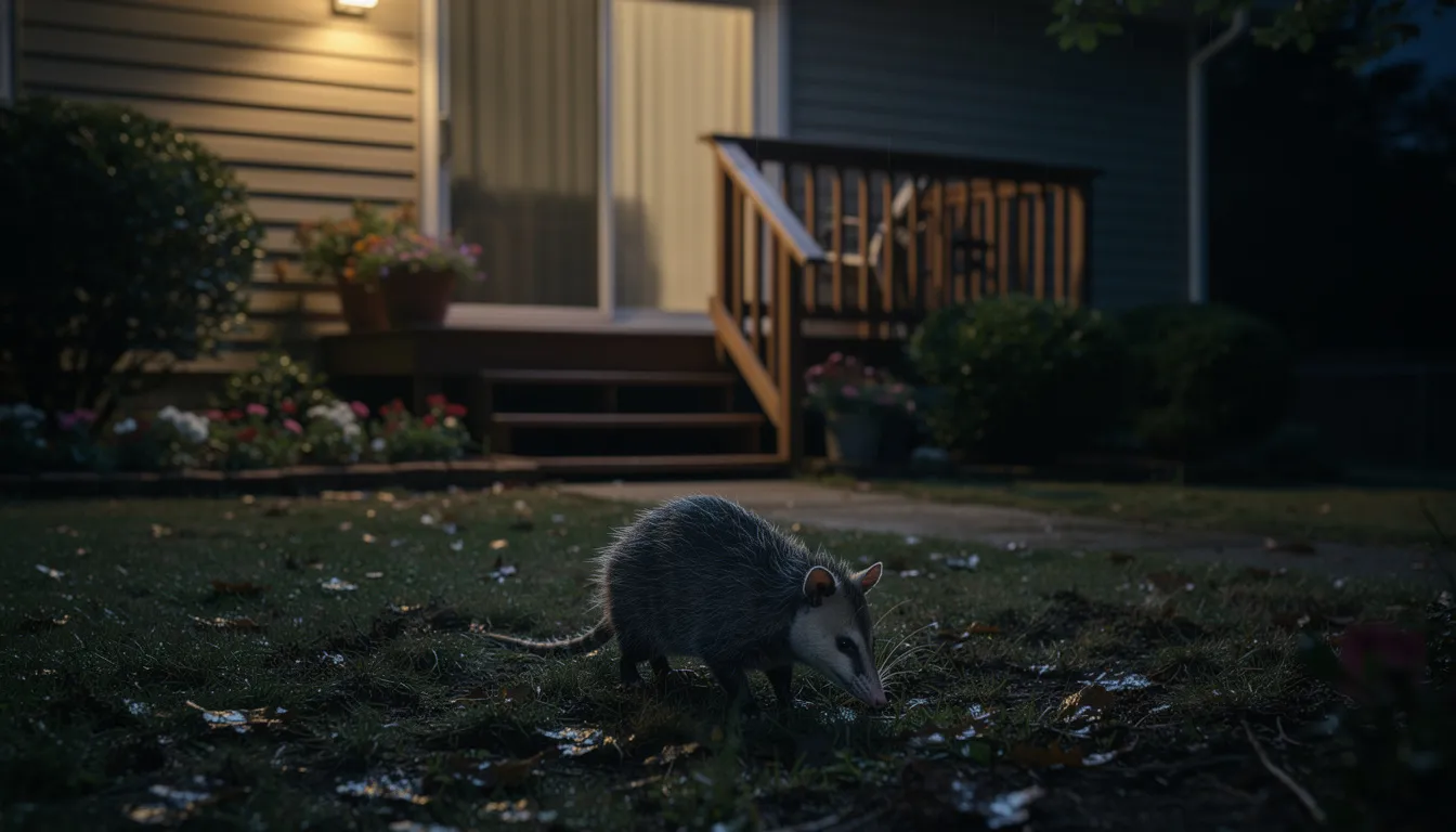 A young Virginia opossum forages near a suburban home at night, exploring the garden and wooden deck for food, such as snails and pet food. This nocturnal marsupial, with its pink nose and prehensile tail, is a solitary animal often seen in urban areas, seeking out natural resources and scavenging around garbage cans.