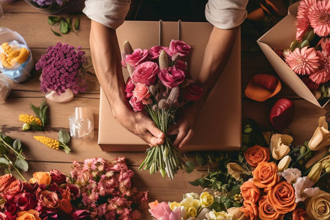 Flatlay of florist with flowers being prepped for delivery for all occasions, order from uk - South Africa's Flower Guy