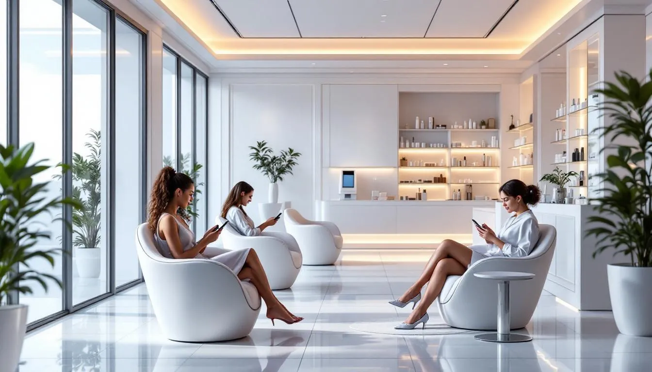 Imagen de un salón de belleza moderno donde varios clientes están sentados, utilizando sus teléfonos móviles mientras esperan sus citas. El ambiente es elegante y acogedor, reflejando las tendencias actuales de la industria de la belleza.