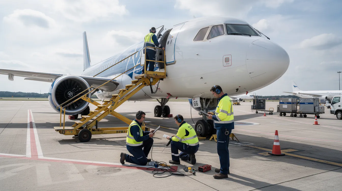 A team of aviation maintenance technicians is working on a jet aircraft on the airport ramp, performing essential inspections and repairs. This scene highlights the collaborative efforts of aircraft mechanics who are crucial for ensuring the safety and functionality of aviation systems.