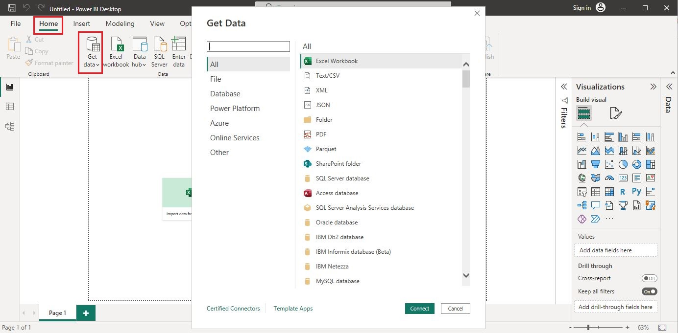 Get Data source option in Power BI Desktop