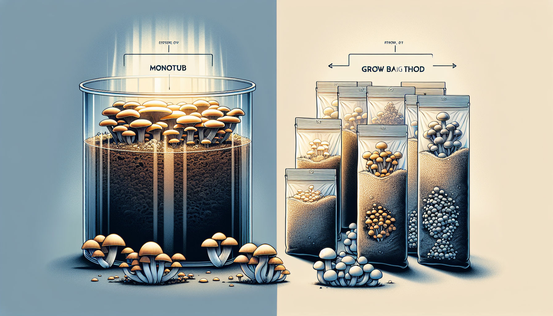 An illustration comparing the monotub method and grow bag method for cultivating magic mushrooms.