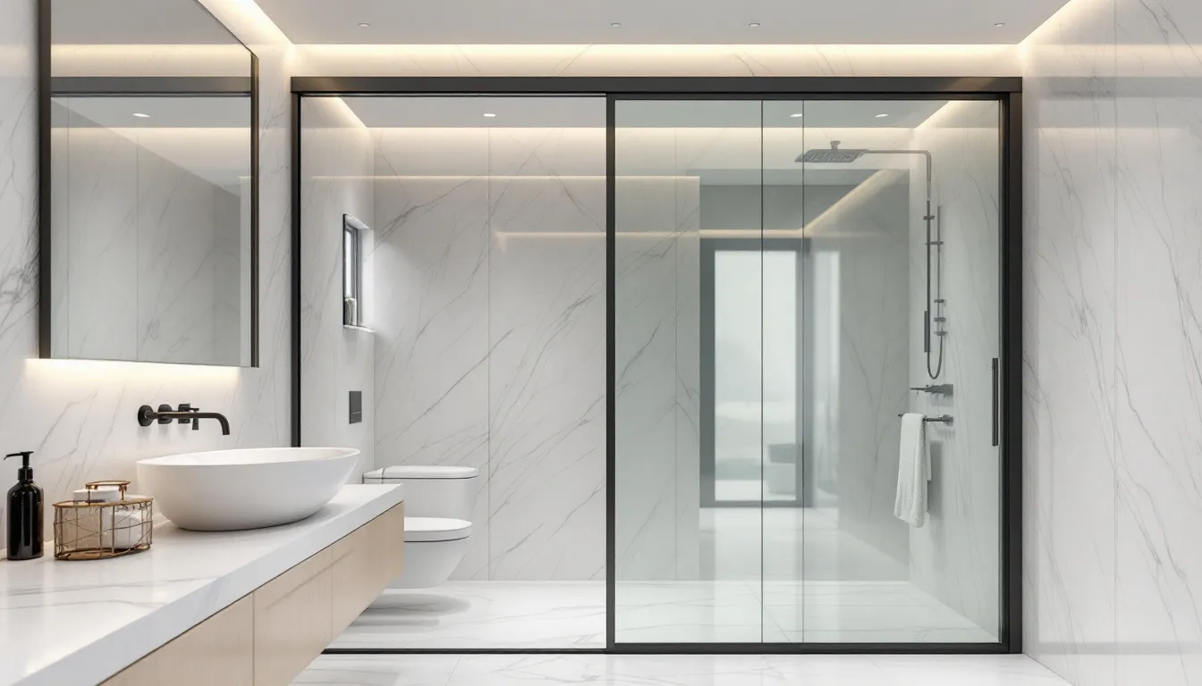 A modern sliding door offering a space-saving solution for small bathrooms.