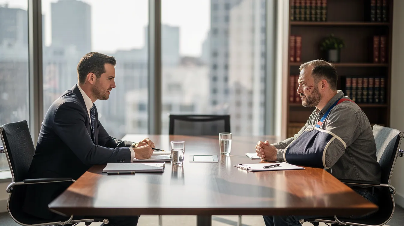 An attorney is seated at a conference table, engaging in a discussion with an injured worker about their workers compensation claim. They are reviewing the necessary steps to ensure the worker receives their workers compensation benefits related to their workplace injury.