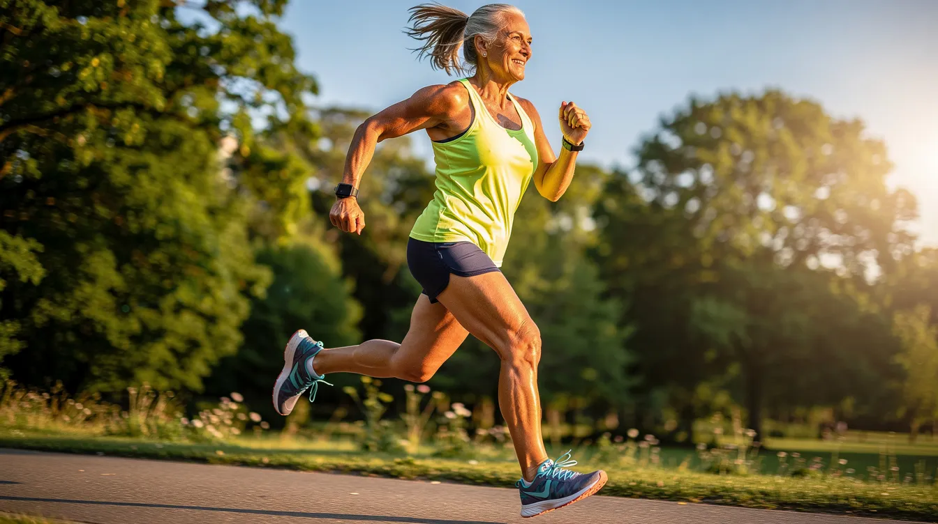 The image depicts an active middle-aged person exercising outdoors, radiating energy and vitality, which reflects the benefits of maintaining cellular health and supporting healthy aging. This scene emphasizes the importance of energy production and overall well-being through physical activity.