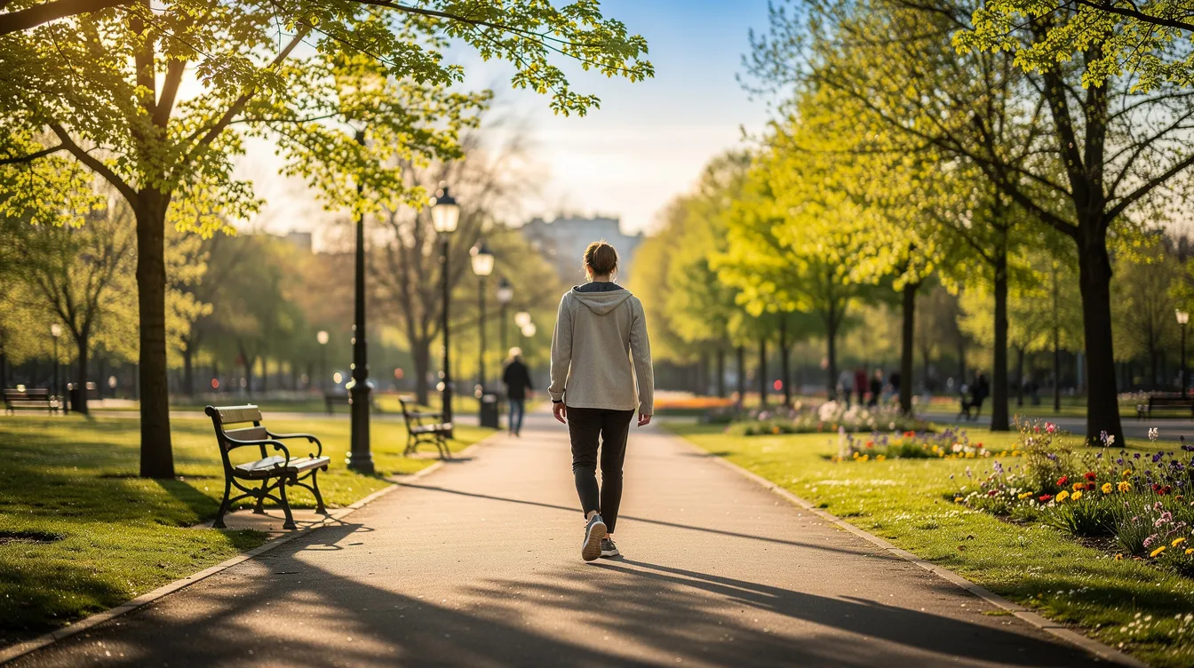 A person is walking outdoors through a park, basking in the bright morning sunlight, surrounded by lush greenery and vibrant flowers. This serene scene offers a contrast to the struggles of sleep disorders, highlighting the importance of quality sleep and healthy sleep habits for overall well-being.