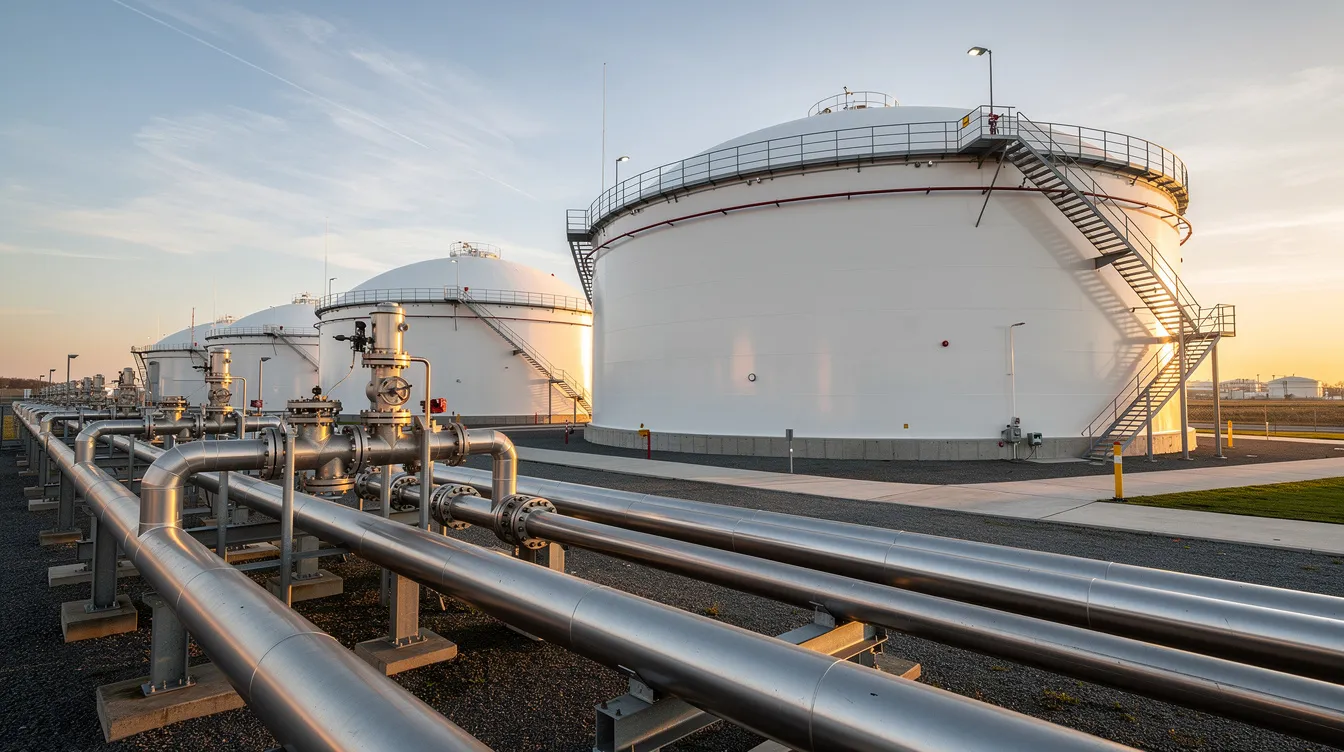 The image depicts large industrial storage tanks and intricate pipework at a midstream terminal facility, essential for the transportation of oil and natural gas. This energy infrastructure is crucial for pipeline construction and regulatory compliance within the pipeline industry.