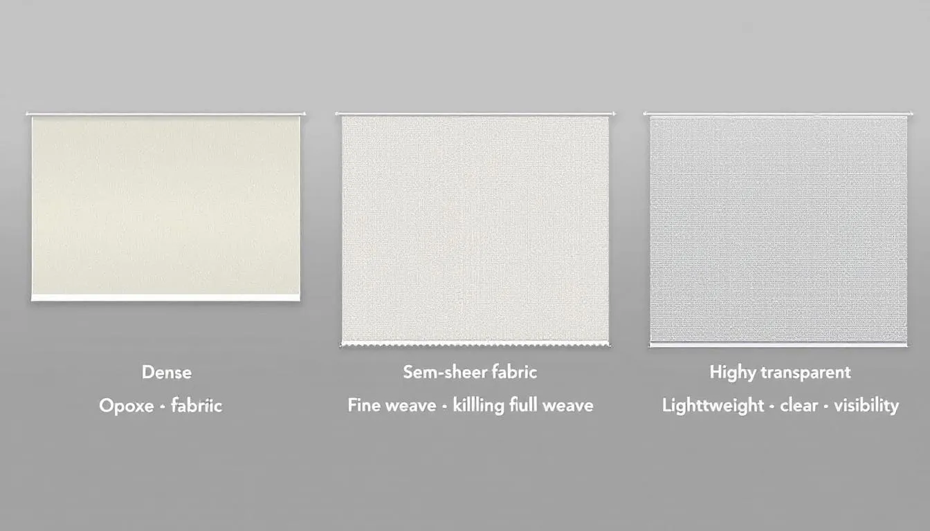 In this image, various roller shade fabrics are displayed side by side, illustrating different openness factors that affect how much natural light and UV rays can enter a room. The comparison highlights the functionality of solar shades in blocking UV rays, reducing glare, and providing UV protection while maintaining aesthetics and child safety in interior spaces.