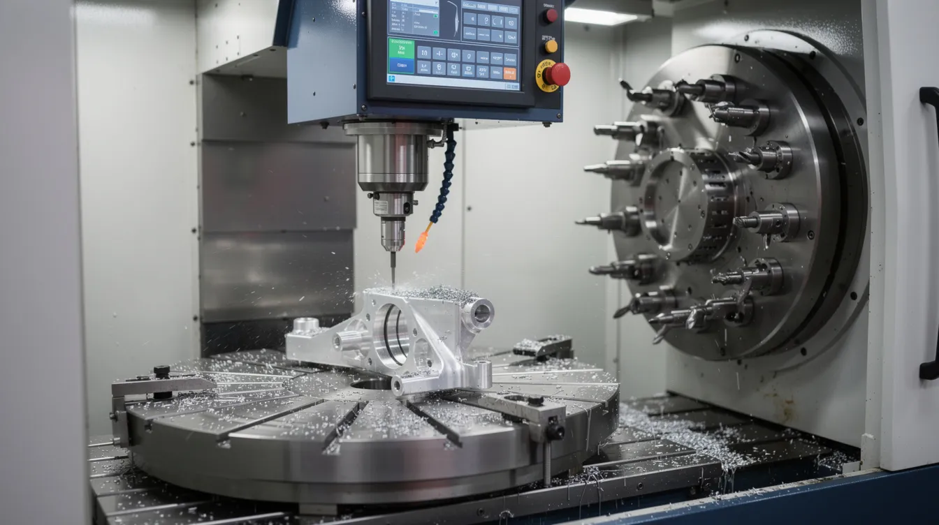 The image depicts a five-axis CNC machining center equipped with an automatic tool changer, actively machining a titanium aerospace bracket. This industrial-grade machine showcases its capabilities in precision engineering and metal cutting, highlighting its role in producing complex geometries with tight tolerances.