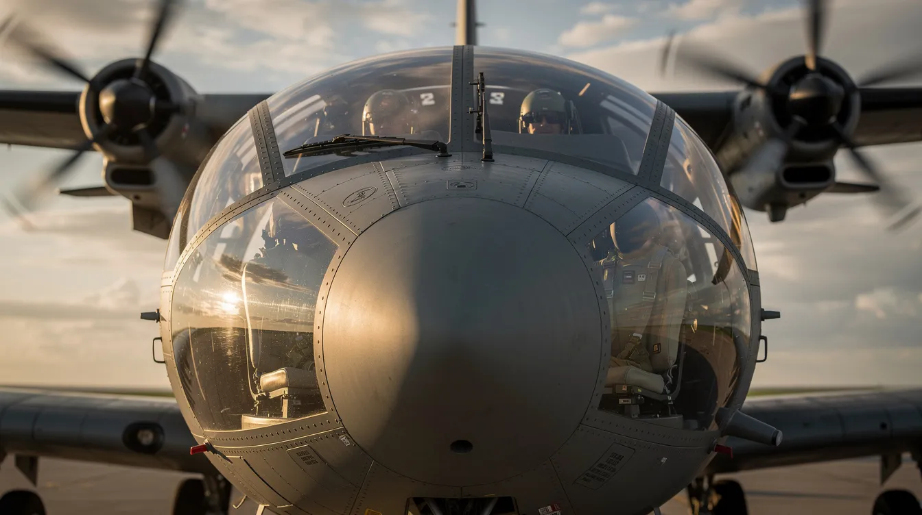The image shows a close-up view of the cockpit of a Grumman OV-1 Mohawk military aircraft, featuring bulging transparent side panels that provide an unobstructed view. The twin propeller engines are prominently visible on the wings, highlighting its design as a fixed-wing attack aircraft used for battlefield surveillance.