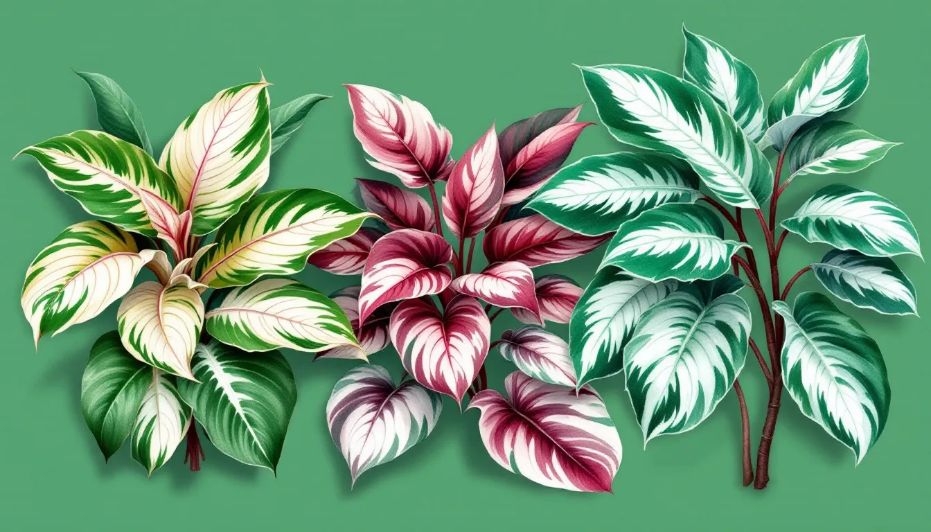 Different varieties of aglaonema plants with striking foliage.
