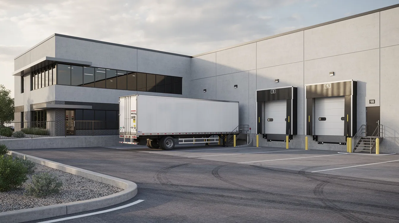 The image shows the exterior of a commercial building featuring a loading dock area, ideal for office furniture removal and junk removal services. This space is designed for efficient operations, allowing for the easy transport of unwanted items like desks, chairs, and filing cabinets, ensuring a clutter-free environment for Connecticut businesses.