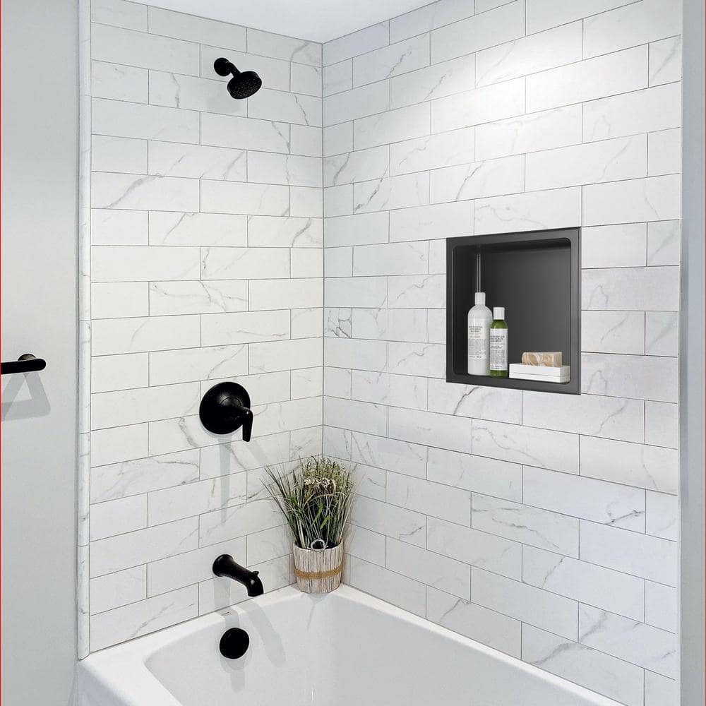black built-in shower niche