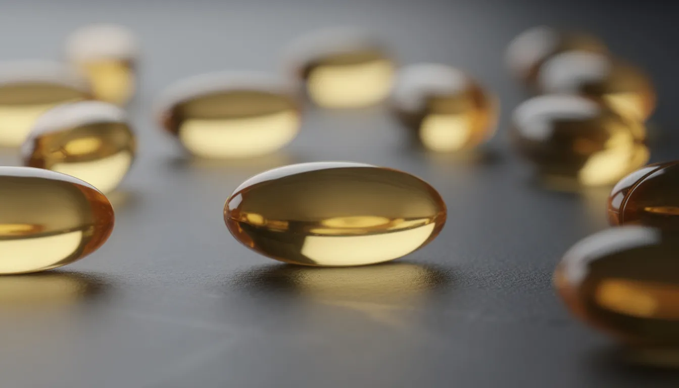 The image features golden softgel capsules neatly arranged on a dark surface, symbolizing dietary supplements that may support mitochondrial health and improve cellular energy production. These capsules represent a potential aid in enhancing overall well-being and addressing issues related to mitochondrial dysfunction.