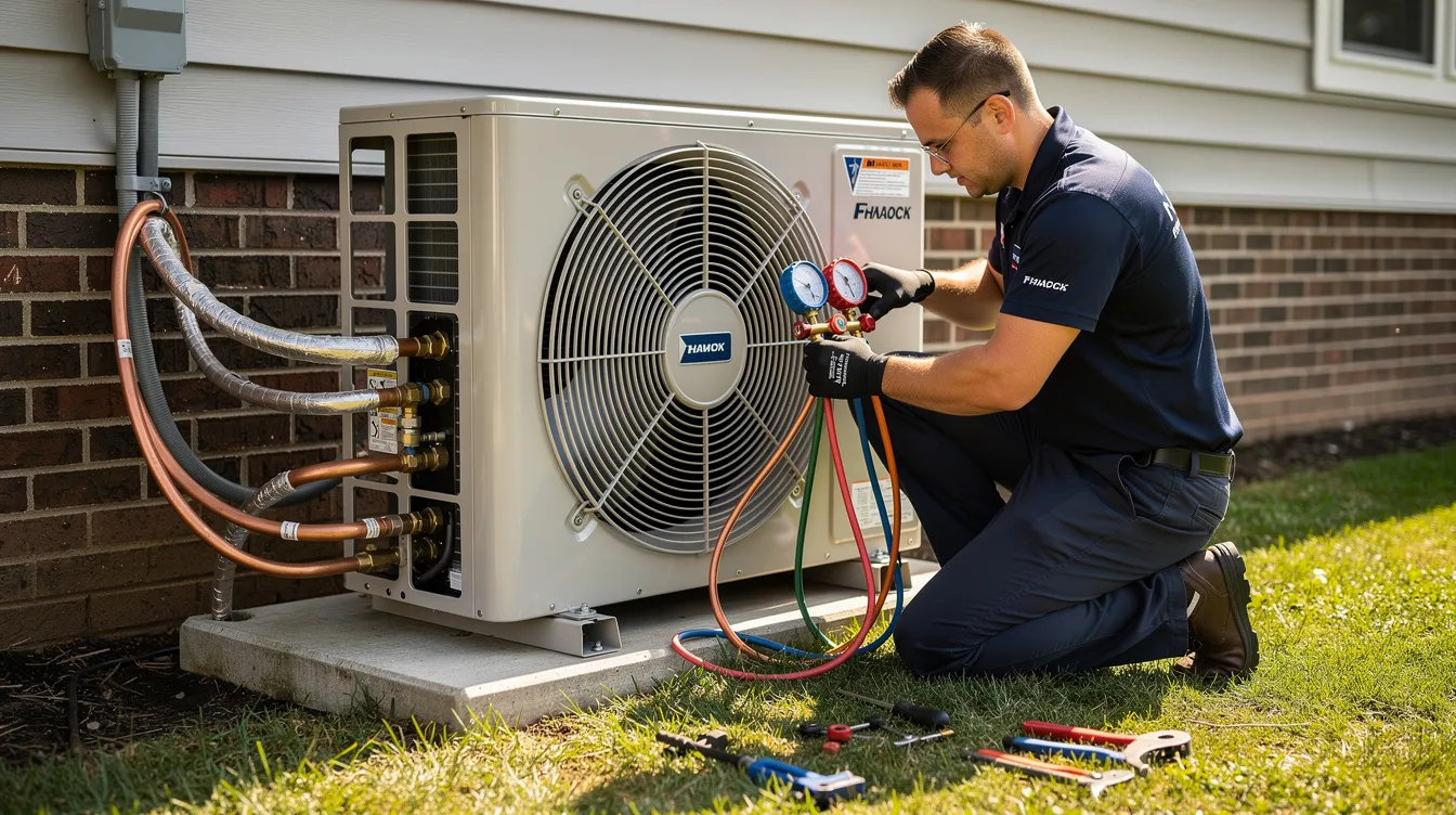 An HVAC technician in uniform is connecting refrigerant lines to a new outdoor AC condenser unit at a residential home, ensuring efficient cooling and optimal system efficiency. This installation of a 2 ton AC unit highlights the advanced technology and energy efficiency that can help homeowners save money on energy bills.
