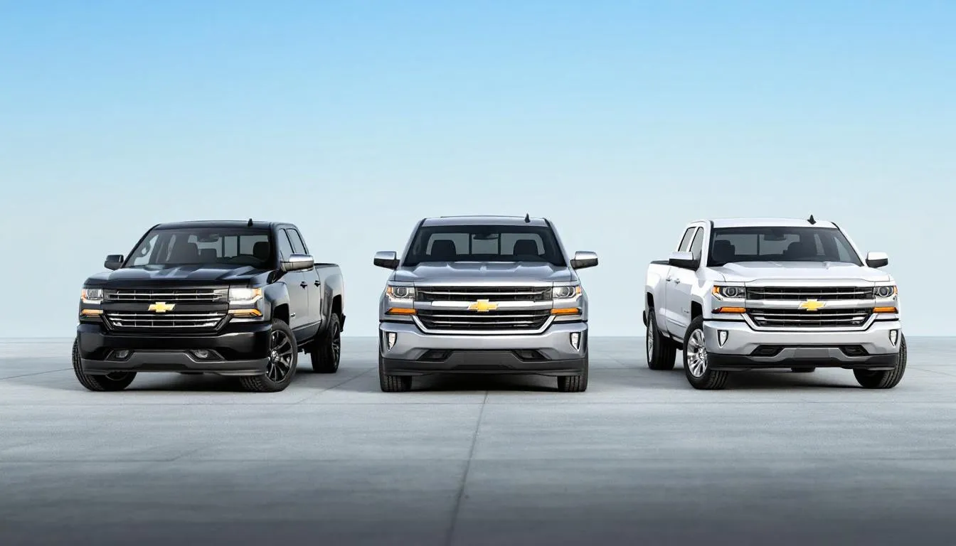 The image features three Chevy Silverado trucks displayed side by side, showcasing all three Silverado bed sizes: short bed, standard bed, and long bed. Each truck is a different cab style, highlighting the spacious crew cab and double cab options, providing a clear comparison of the various truck bed sizes and their respective cargo volumes.