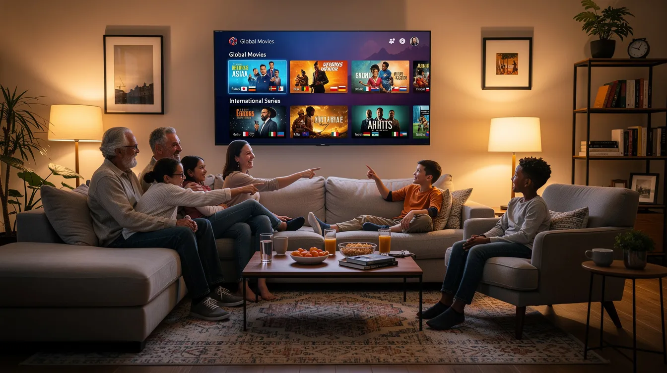 A family is gathered in a cozy living room, enjoying international content on a large wall-mounted smart TV, showcasing the diverse offerings of an IPTV service. The atmosphere is lively as they engage with multiple channels and catch up on their favorite shows, highlighting the convenience of streaming services for UK households.