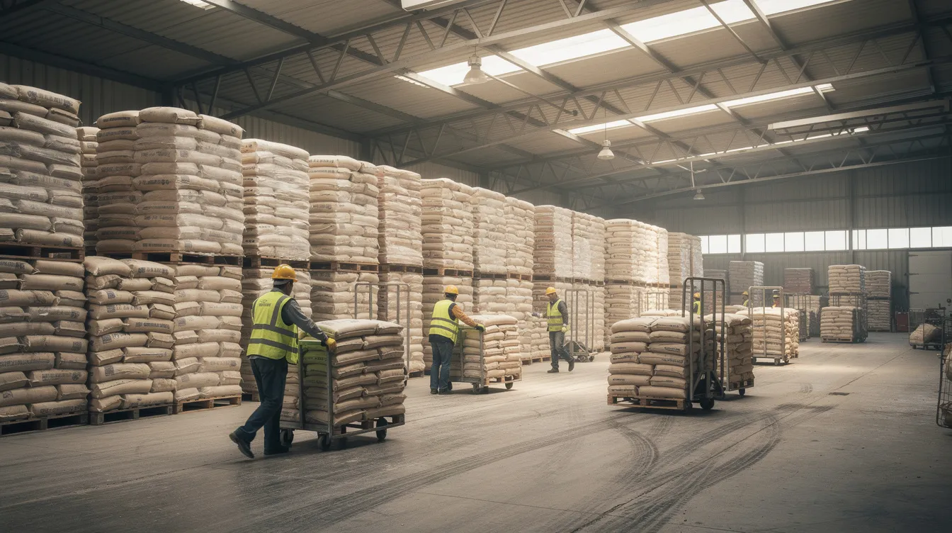 c60ec9af aedf 49c9 8859 612b0132b935 The image depicts a large warehouse filled with stacks of grain sacks, while workers are actively moving materials using hand trolleys. This setting is typical in food processing industries, particularly for businesses involved in sattu manufacturing, where raw materials like roasted bengal gram are prepared for production.