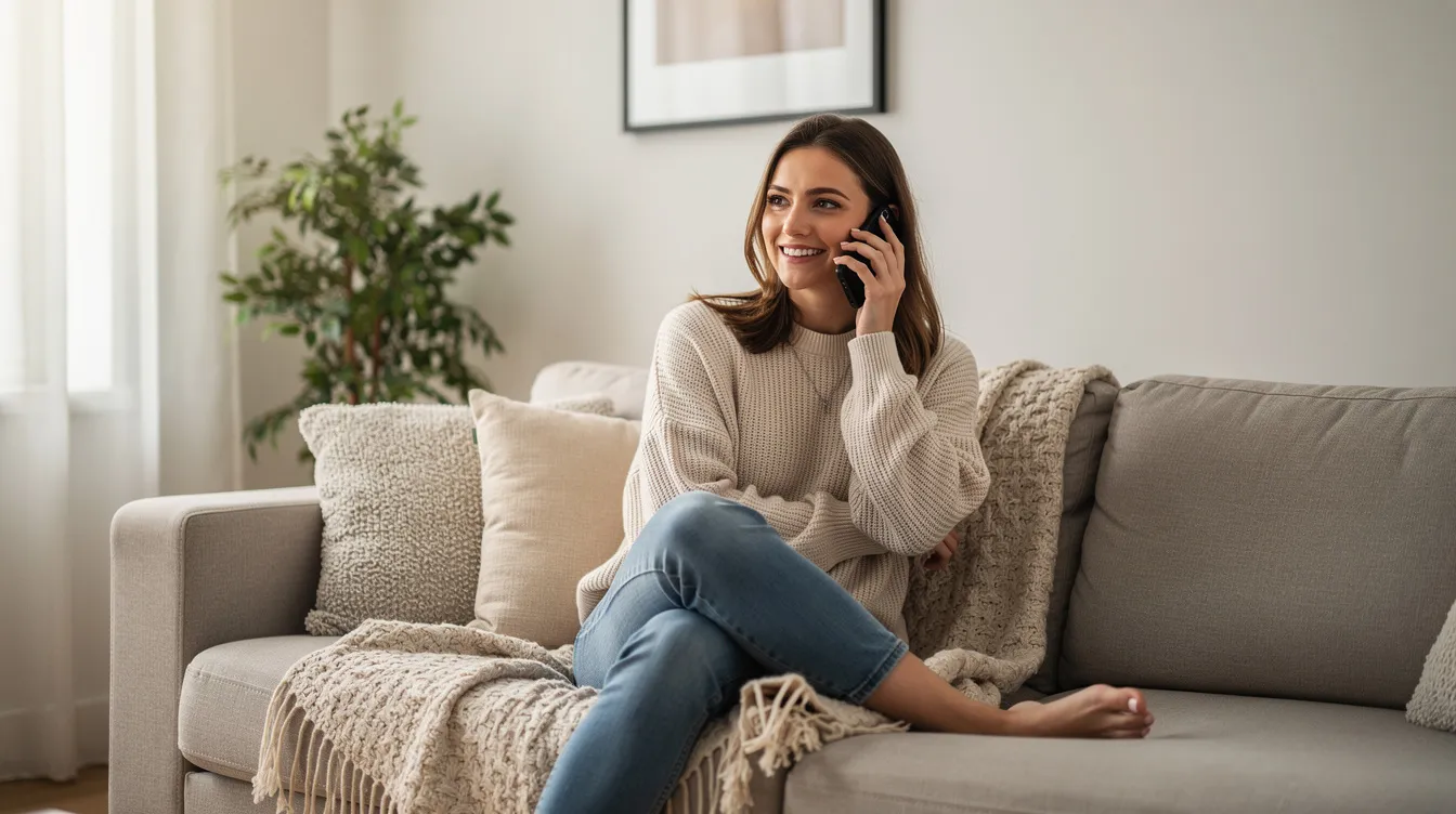 A woman is sitting on a couch at home, smiling while using her cellphone, possibly engaging in conversations on a dating app like Iris. The scene captures a moment of joy and connection, reflecting the potential for meaningful relationships in the world of online dating.