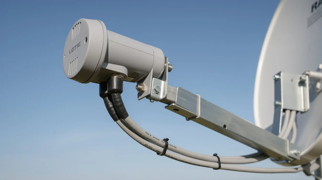A Smart LNB is securely mounted on a satellite dish arm, showcasing weatherproofed cable connections against a clear blue sky, indicating a professional DSTV installation setup. This installation is crucial for ensuring optimal signal quality and reliable access to DSTV channels.