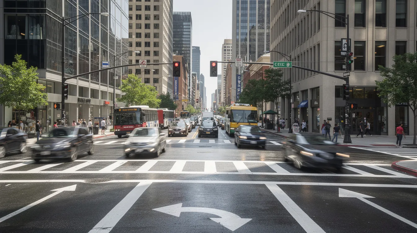 The image depicts a busy urban intersection bustling with vehicles from multiple directions, traffic lights regulating the flow, and crosswalks for pedestrians. This scene reflects the potential risks of car accidents, highlighting the importance of having an experienced personal injury lawyer to navigate personal injury claims and seek fair compensation for any resulting injuries or damages.