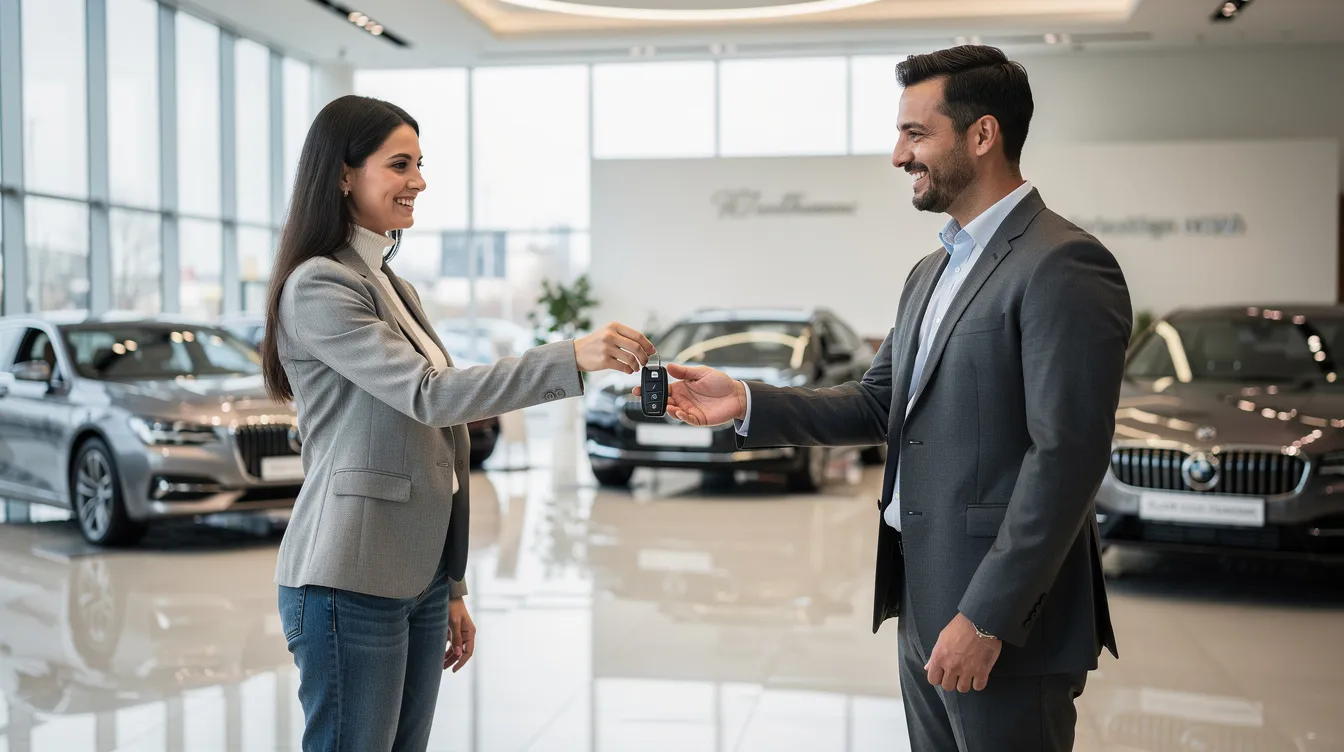 A person is handing over car keys to a professional at a clean and modern showroom, symbolizing the start of the car consignment process. This transaction represents a hassle-free way to sell a vehicle through a reputable dealer, ensuring potential buyers can access expert marketing and secure a top dollar sale.