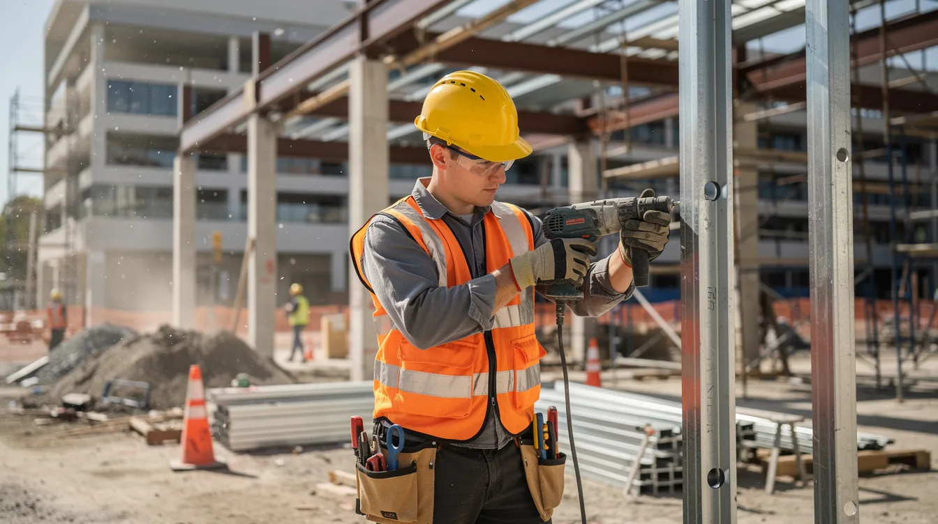 A young construction apprentice, wearing a hard hat and safety vest, is actively using power tools at a commercial building job site, showcasing hands-on skills gained through an apprenticeship program in the construction industry. This scene highlights the practical training and commitment required for a rewarding career in the building and construction trades.