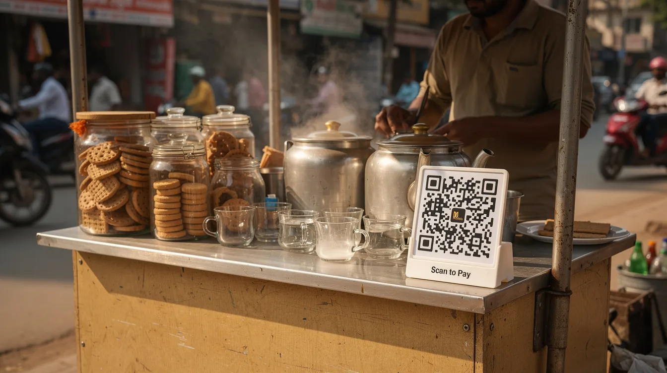 The image shows a small tea stall with a printed QR code prominently displayed near the counter, suggesting a modern approach to payments and financial transactions. This setup may attract eligible borrowers interested in micro loans, such as those offered under the Pradhan Mantri Mudra Yojana, enhancing their business operations and customer engagement.