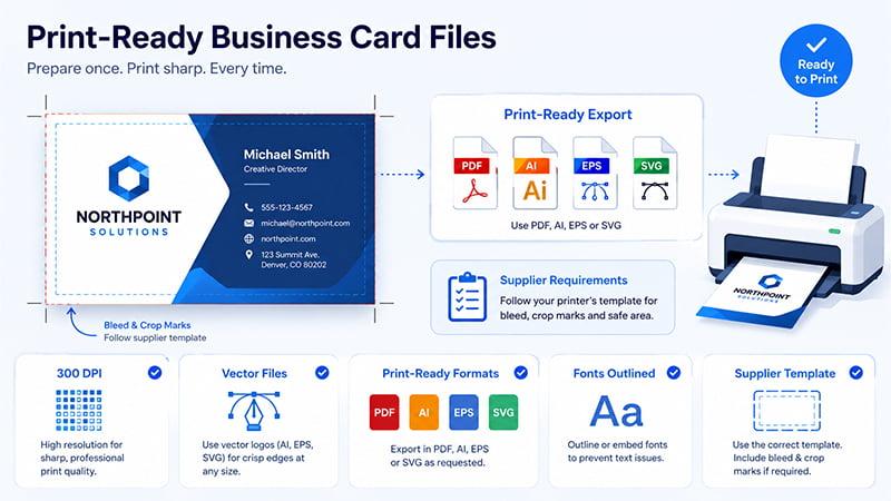 print ready business card file setup showing bleed crop marks vector files PDF AI EPS SVG formats and supplier requirements