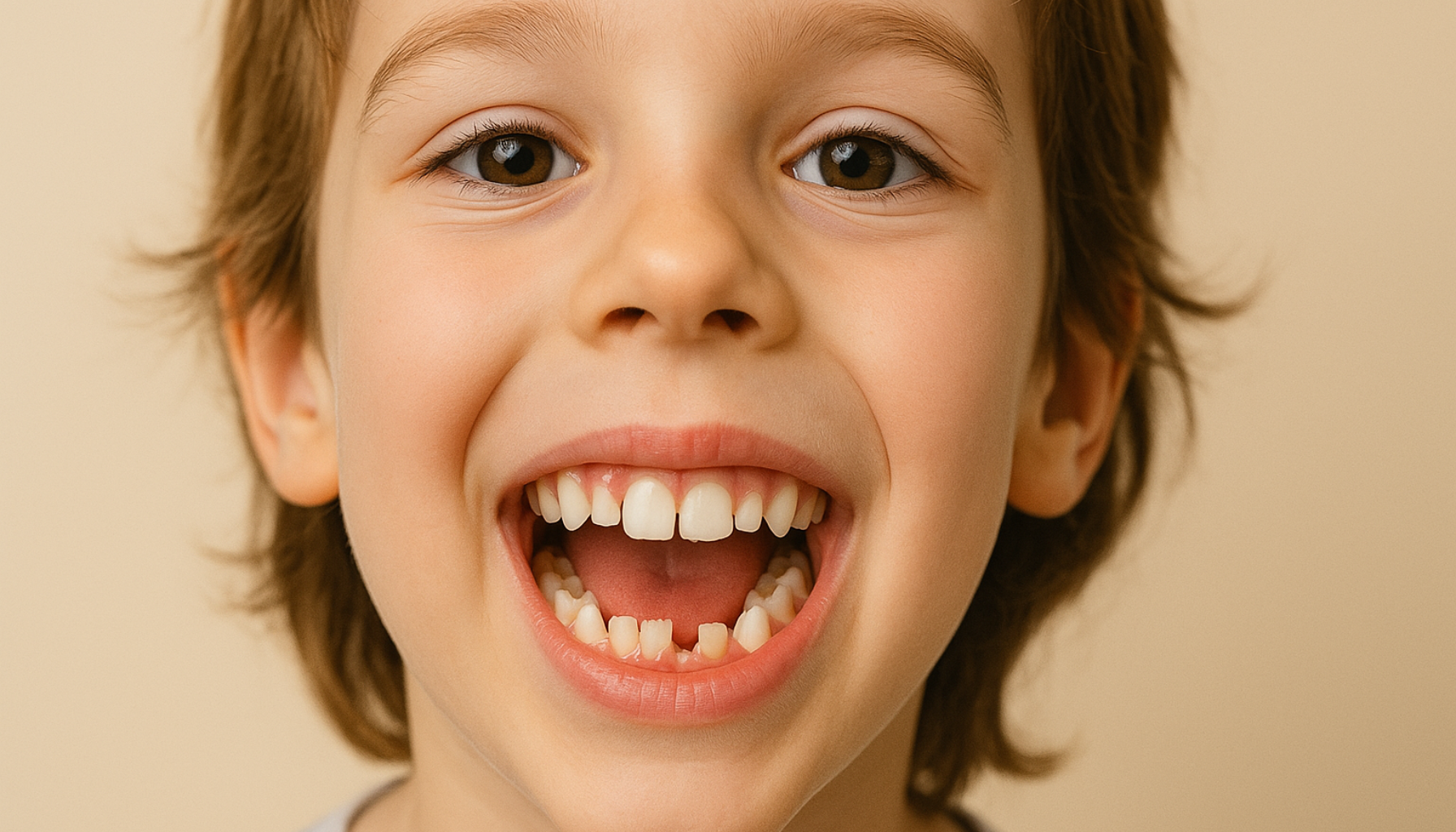 Barn som smiler og viser en blanding av melketenner og permanente tenner under naturlig tannskifte.