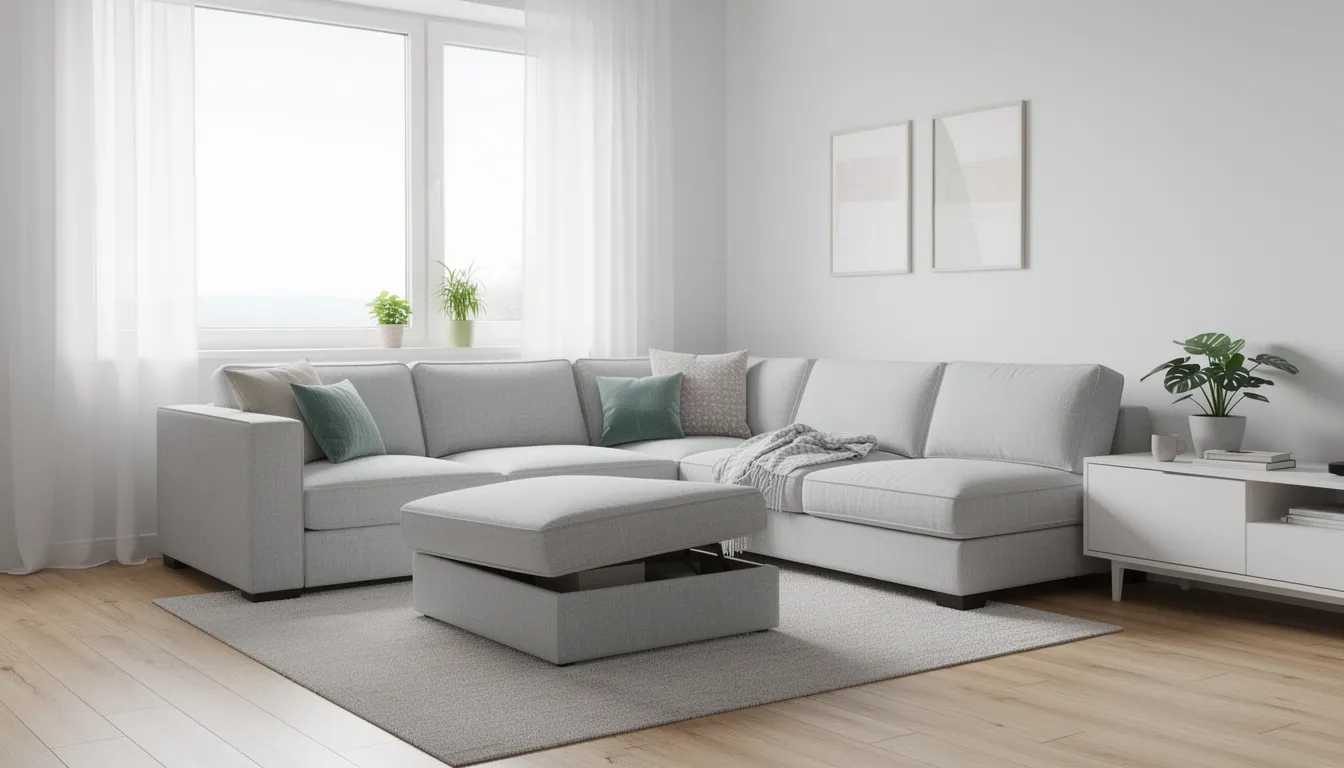 The image showcases a modern modular sofa paired with a storage ottoman, set in a bright and compact living room designed to maximize floor space. Large windows allow natural light to flood the area, creating a welcoming atmosphere ideal for a small home or tiny house, while the clever layout incorporates zones for both relaxation and dining.