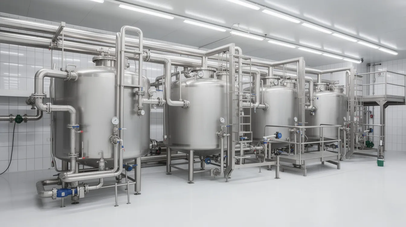 The image depicts a modern dairy processing plant featuring stainless steel tanks and intricate piping systems, essential for milk processing. This dairy processing equipment is designed to meet food safety standards while efficiently handling raw milk and producing quality dairy products.