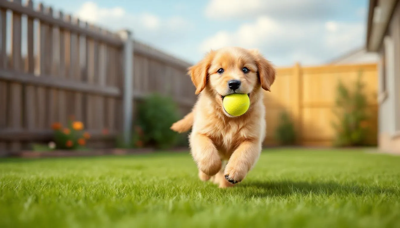 A happy miniature goldendoodle is playing joyfully in a fenced backyard, showcasing its energetic and affectionate nature. This playful puppy, known for its hypoallergenic coat and moderate exercise needs, is a perfect companion for families looking to adopt a loyal pet.