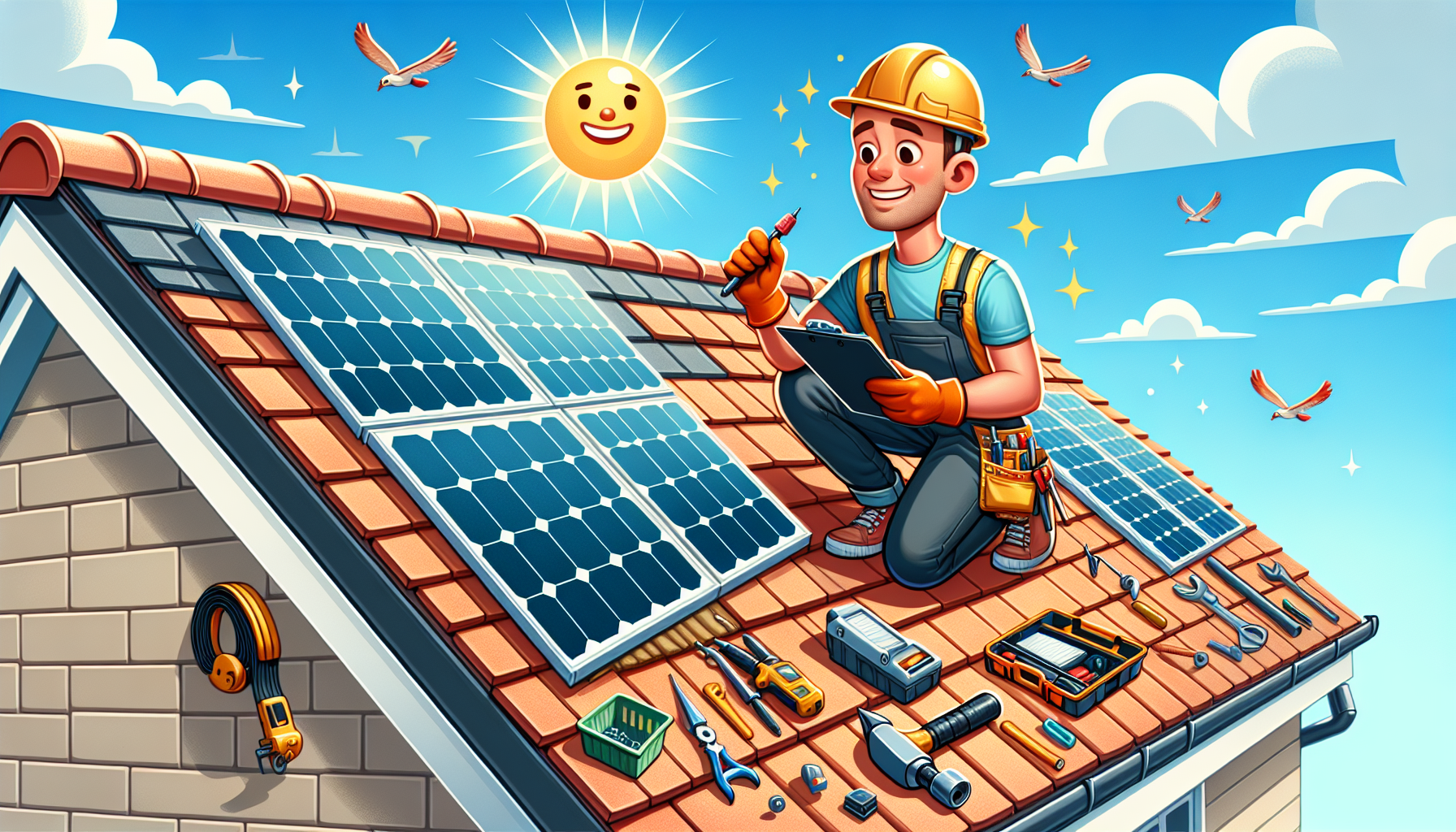 An illustration showing a roof being inspected for solar panel installation.