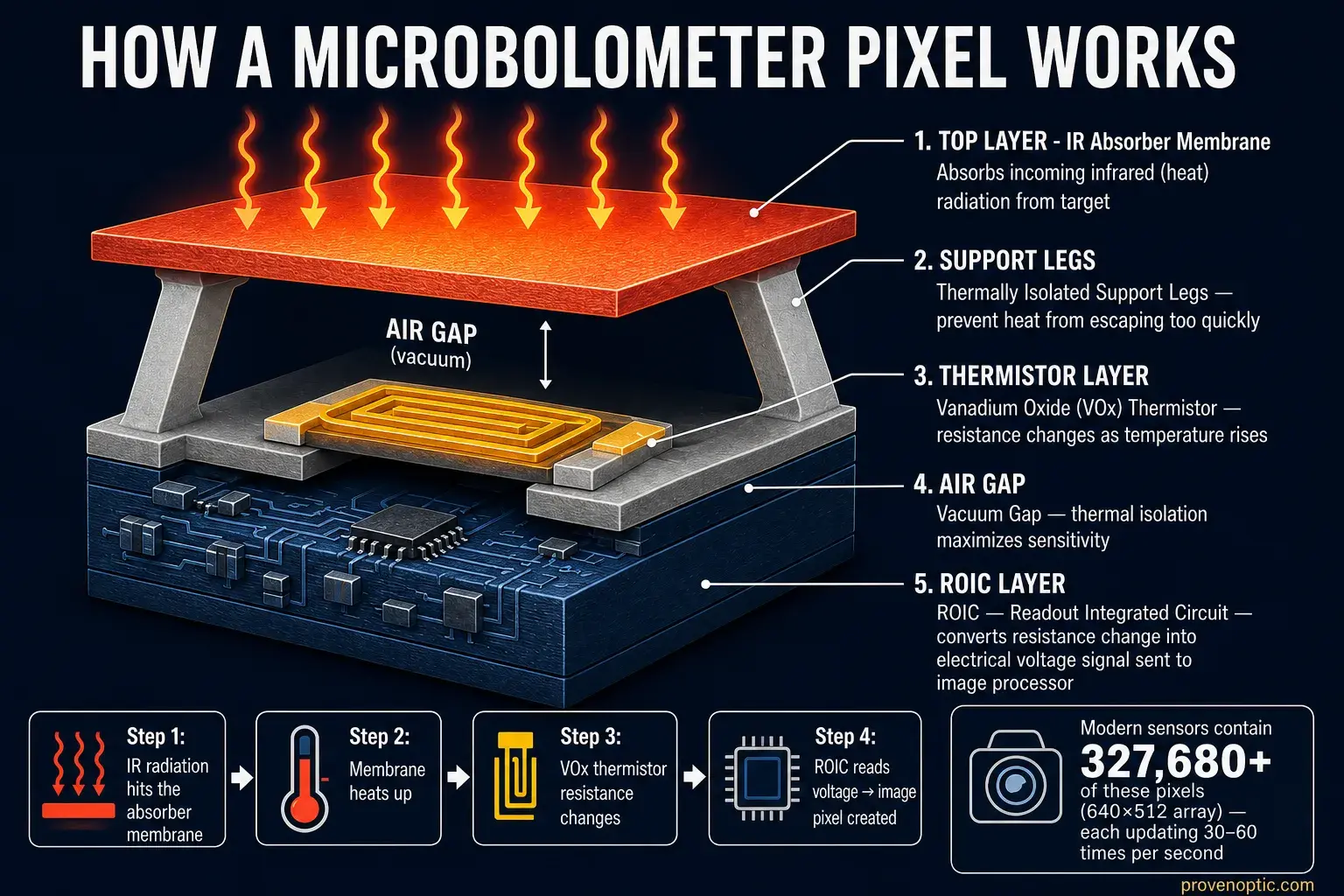 Close infographic of a thermal scope's microbolometer and the ROIC layer with descriptions.