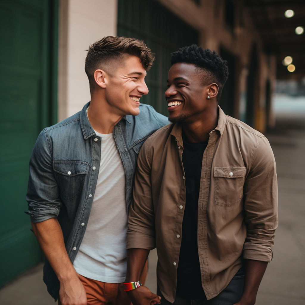 A gay couple happily walking together with a confident expression on their faces.