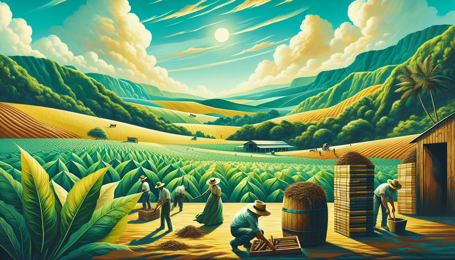 An illustration depicting the process of growing and harvesting tobacco for cigars.