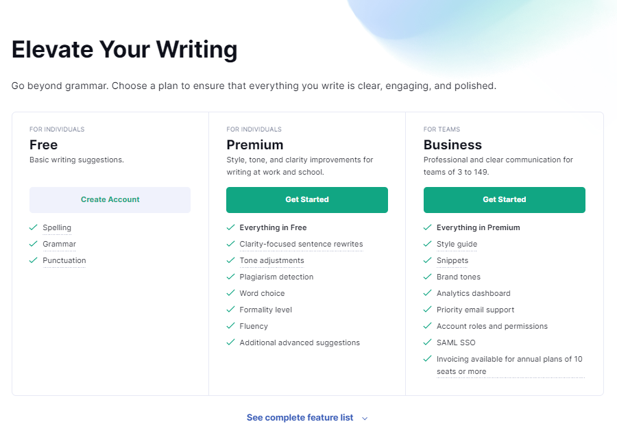 Grammarly plan options