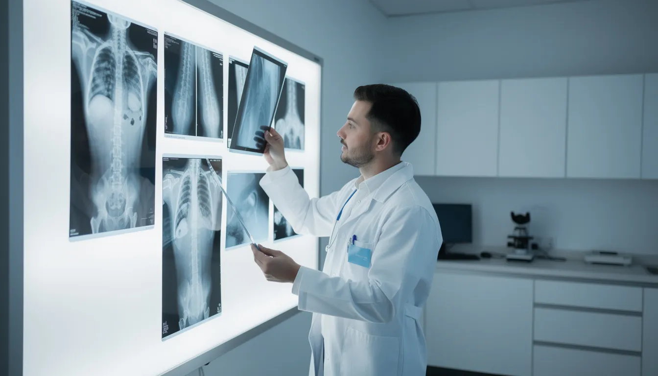 A medical professional is closely examining X-ray images in a clinical setting, likely assessing for common motorcycle accident injuries such as head trauma, spinal cord injuries, and bone fractures. The environment is equipped with medical tools and technology, emphasizing the importance of immediate medical attention for motorcycle accident victims.