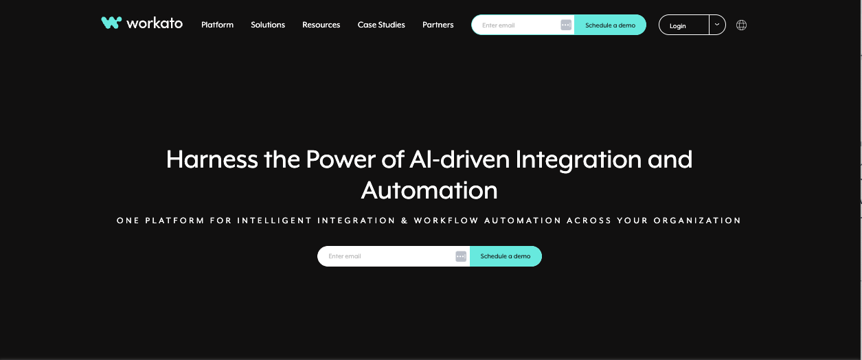 Snapshot of Workato's home page banner displaying a a message, about harnessing the power of AI-driven integration and automation, as well as their navigation menu for effective business processes management