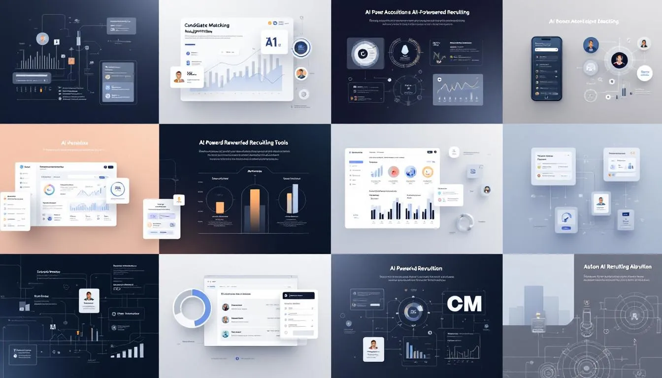 A collage of popular AI recruiting tools and software interfaces used by hiring teams.